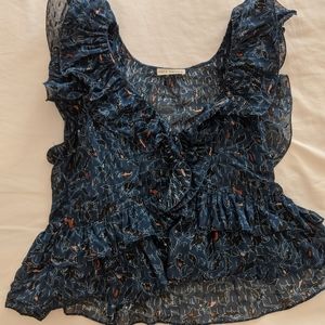 Ulla Johnson blue ruffle v neck blouse